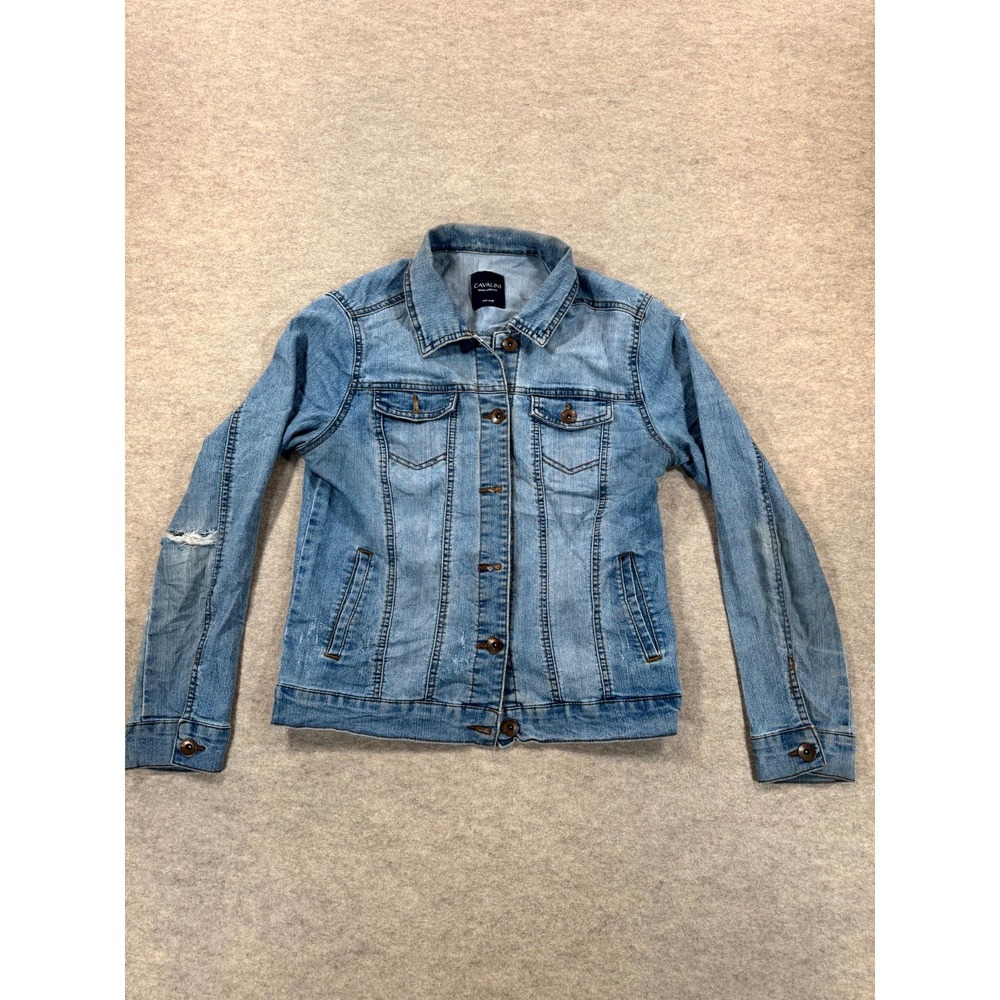 Cavalini Trucker Jacket Womens Large Blue Denim Pockets Button Front Outdoor